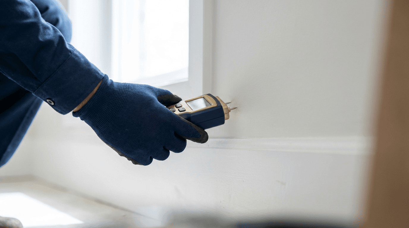 A pin-type moisture meter checking a baseboard for hidden dampness