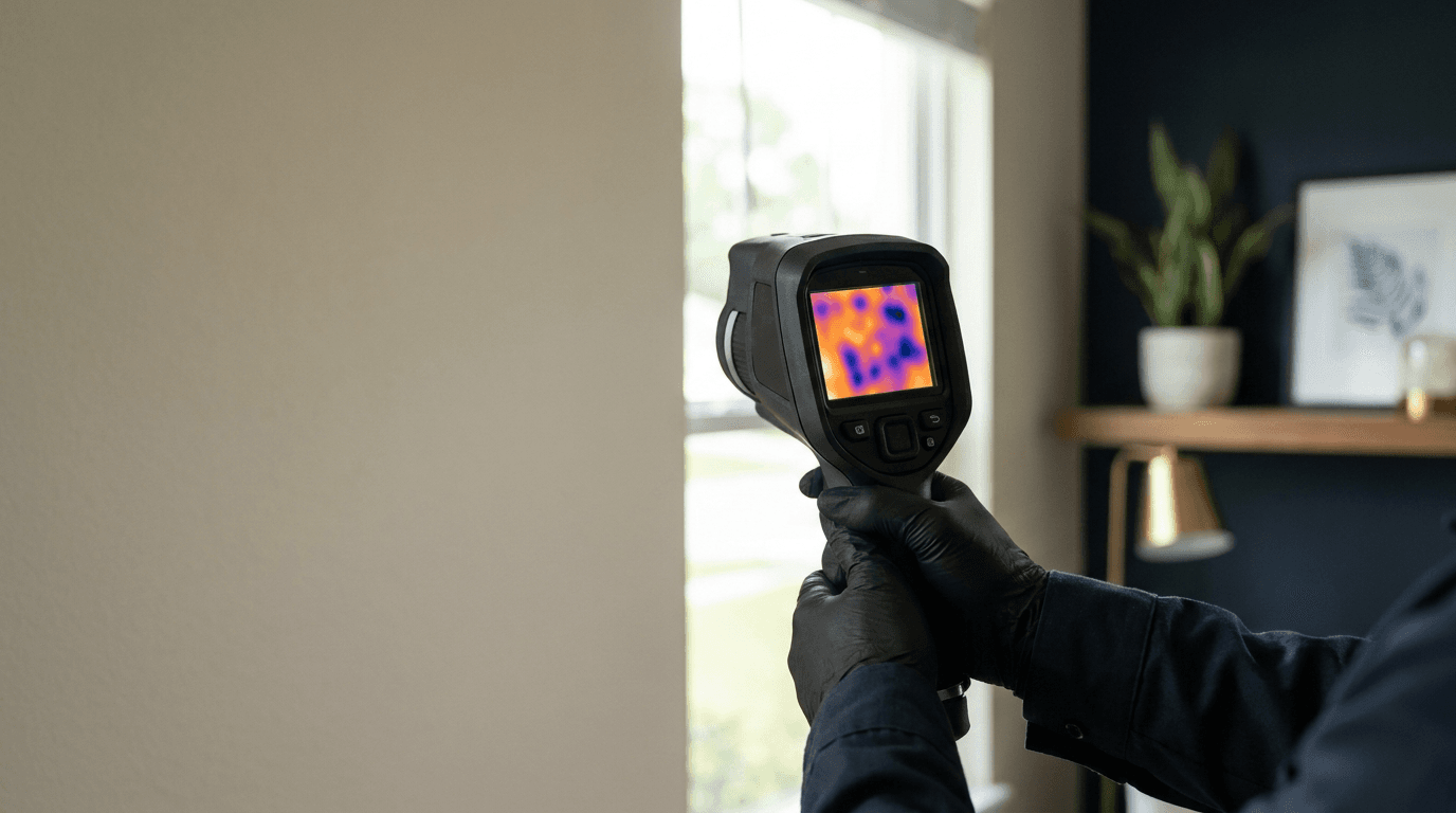 A Sterling inspector using a thermal imaging camera to check an interior wall for hidden moisture
